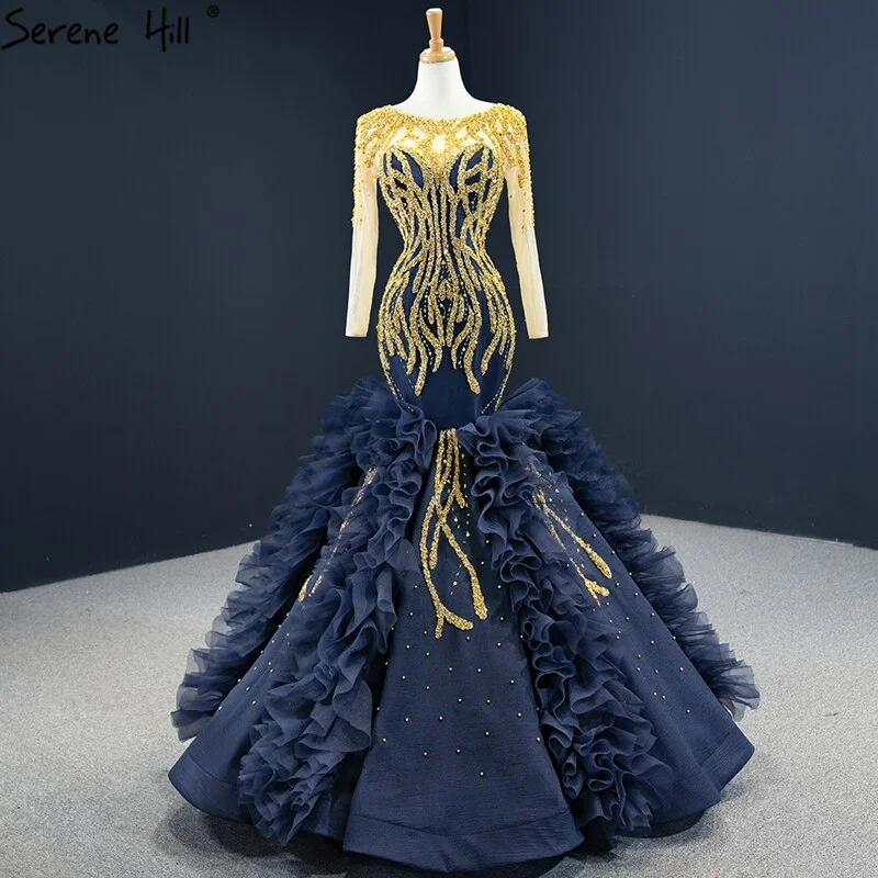 Today’s Deal Navy Blue Mermaid High-end Sexy Evening Dresses 2024 Long Sleeve Beading Lace Up Sexy Formal Dress Serene Hill HM67132