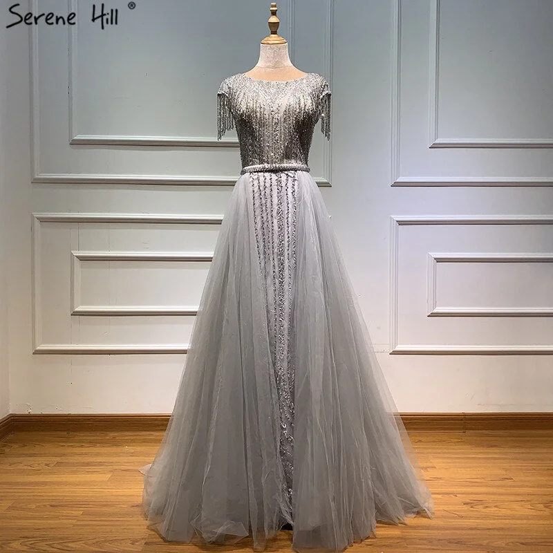 Quick Sale Serene Hill Grey Luxury With Train Evening Dresses Gowns 2024 Beading Tassel Cap Sleeve For Woman Party LA60874 Quick Sale Serene Hill Grey Luxury With Train Evening Dresses Gowns 2024 Beading Tassel Cap Sleeve For Woman Party LA60874