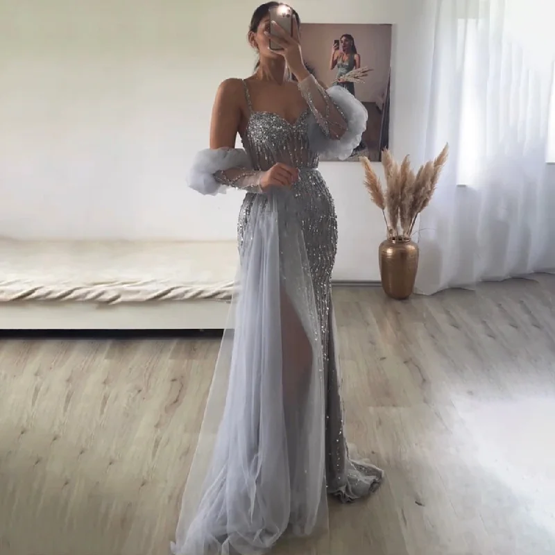 Discount Mania Serene Hill Gray Mermaid Elegant Balloon Sleeves Sweetheart Evening Dresses Gowns 2022 Luxury Beaded For Women Party LA71571A