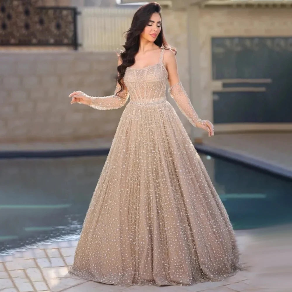 Crazy Deals Serene Hill Arabic Nude A-Line Evening Dress 2024 Spaghetti Strap with Gloves for Women's Wedding Party LA72363