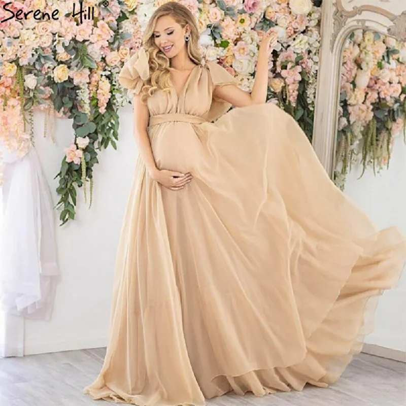 Super Deal Serene Hill Gold Simple Short Sleeves Evening Dresses Gowns 2024 Pregnant Photography For Women Party HA2518