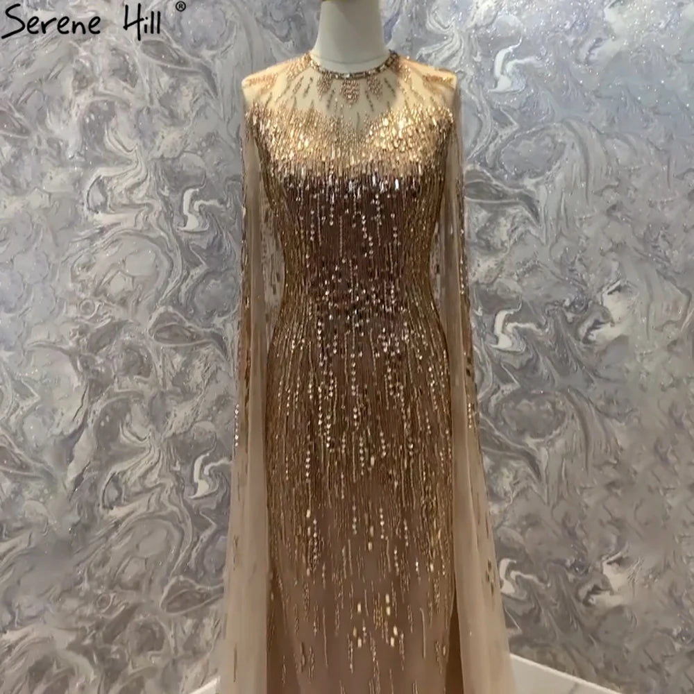 Final Markdown Serene Hill Luxury Gold Cape Sleeves Evening Dresses Gowns 2024 A-Line Beaded For Woman Wedding Party LA71416