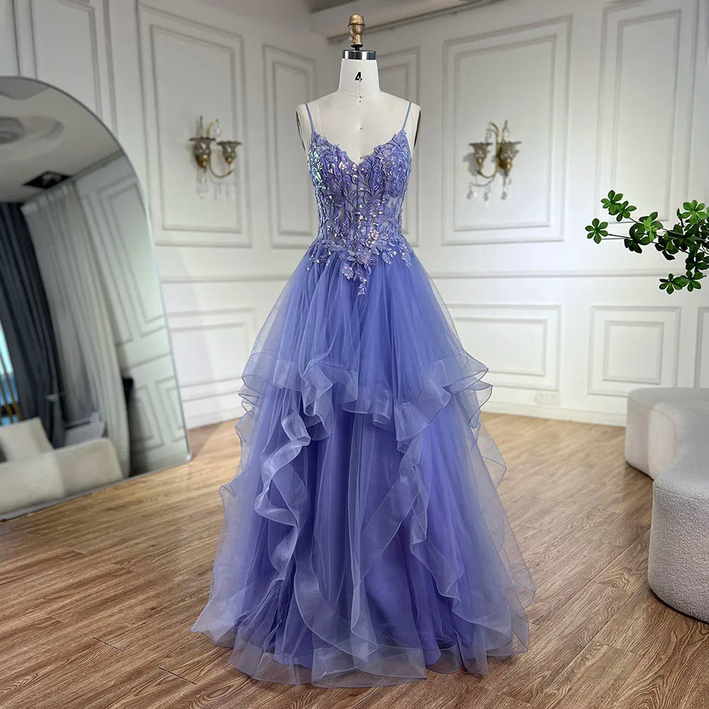 Exclusive Deal Serene Hill 2024 Arabic Blue Spaghetti Strap A-Line Tiered Lace Appliques Luxury Evening Dress for Women's Party LA72617 Exclusive Deal Serene Hill 2024 Arabic Blue Spaghetti Strap A-Line Tiered Lace Appliques Luxury Evening Dress for Women's Party LA72617