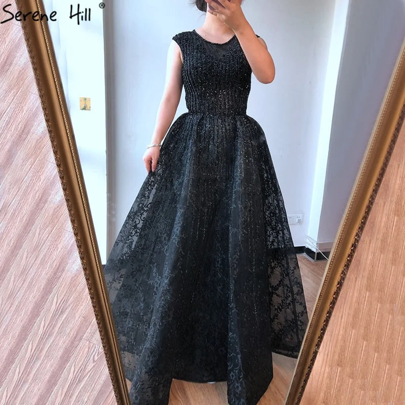 New Deals Dubai Blue A-Line Luxury  Beading Evening Dresses 2024 O-Neck Crystal Sexy Formal Dress Long Serene Hill LA70552
