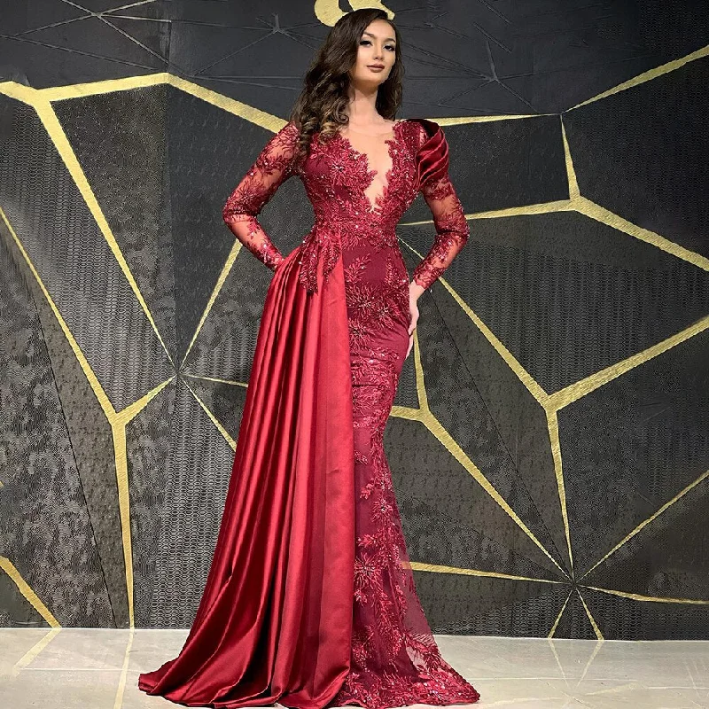 Savings Event Muslim Wine Red Mermaid Elegant Evening Dresses Gowns 2024 Luxury Beaded Overskirt For Women Party Serene Hill LA71470