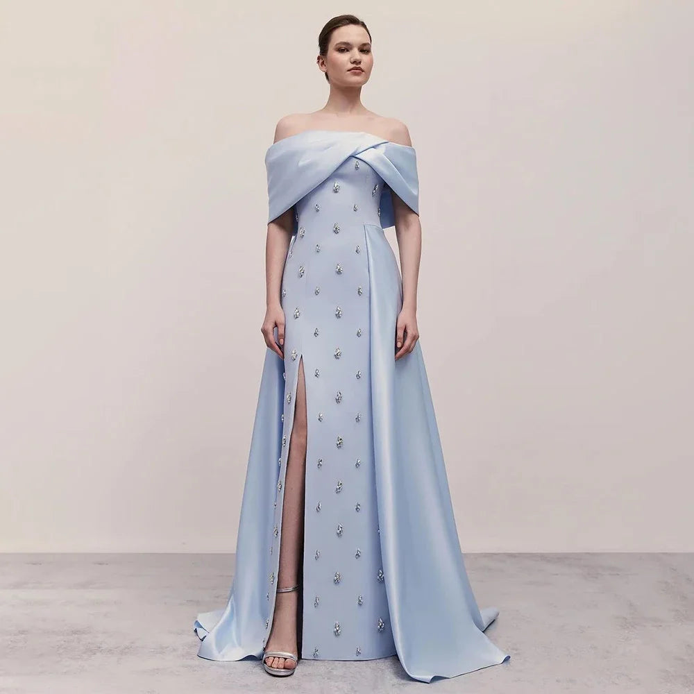 Seasonal Sale Serene Hill Blue Satin Simple Elegant High Split Mermaid Boat Neck Beaded Evening Dresses Gowns for Women Party 2024 LA72458 Seasonal Sale Serene Hill Blue Satin Simple Elegant High Split Mermaid Boat Neck Beaded Evening Dresses Gowns for Women Party 2024 LA72458