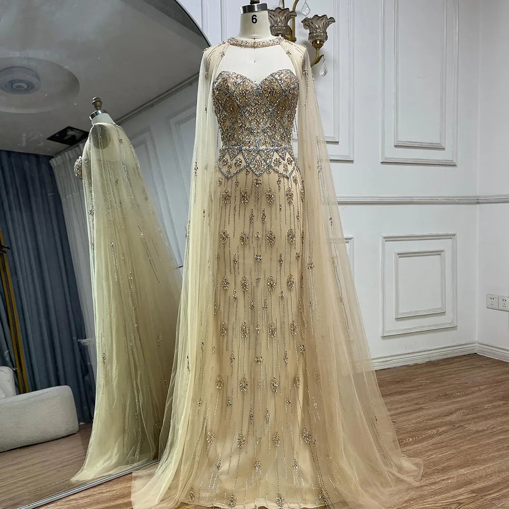 Deal Explosion Serene Hill 2024 Nude Saudi Evening Gown Mermaid Detachable Cape Sleeves Luxury Beaded Dress for Formal Occasion LA72716
