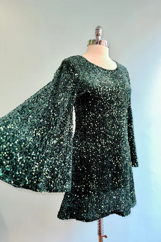 Can't Be Beat Green Sequin Bell Sleeve Mini Dress