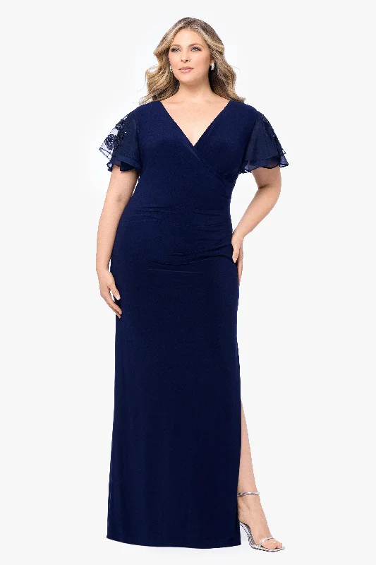 Final Markdown Plus  "Jennifer" Long Jersey Knit Sequin Sleeve Dress