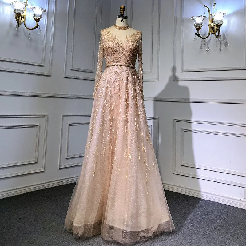 Super Sale Serene Hill Gold Luxury A-Line Evening O-Neck Dresses Gowns 2024 Beading Spaghetti Strap Sexy For Women Party LA71378L