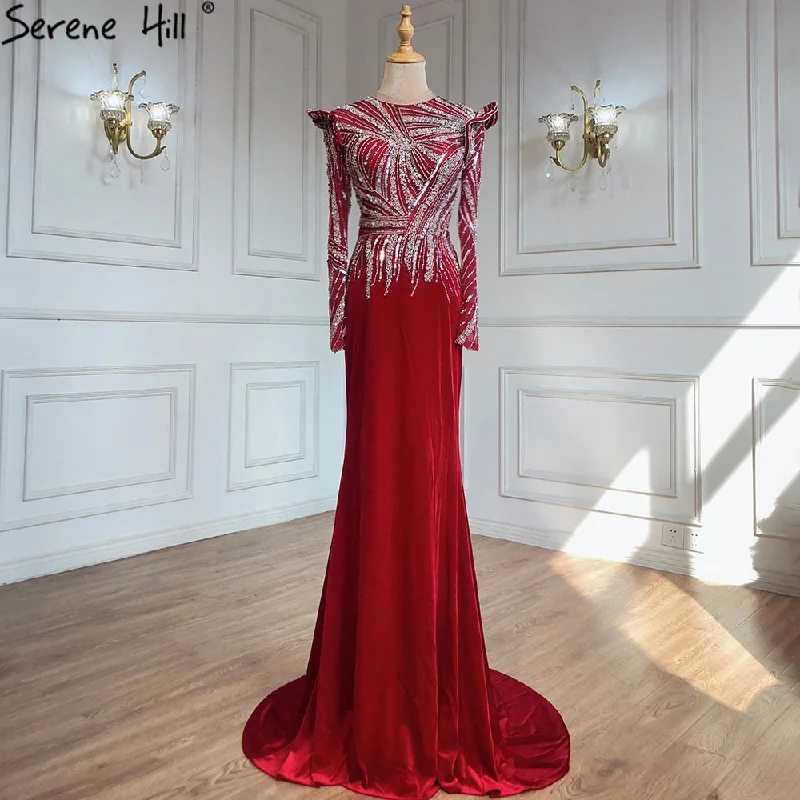 Instant Discount Serene Hill Muslim Mermaid Wine Red Evening Dresses Gowns 2023 Beaded  Elegant Satin For Women Party LA71449