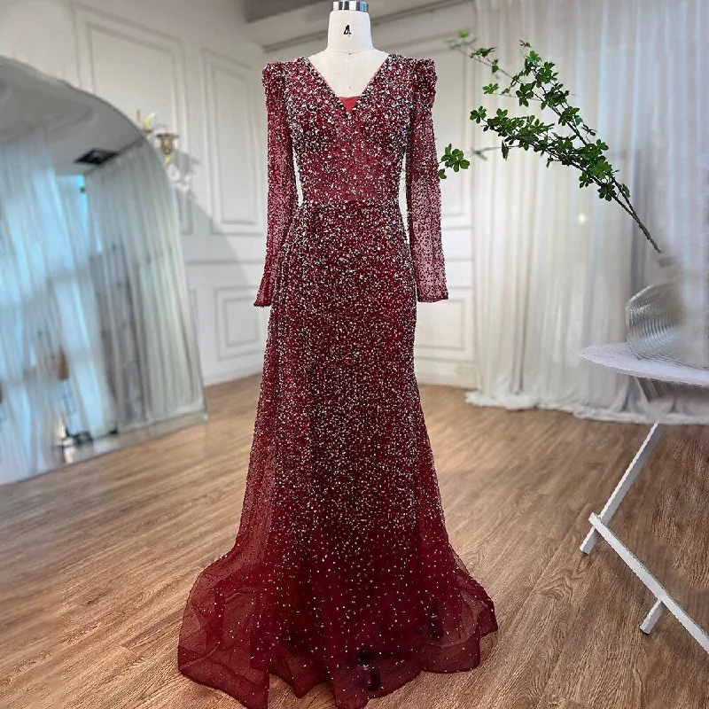 Buy More, Save More Serene Hill Muslim Designer Luxury Wine Red Mermaid V Neck Beaded Evening Dresses Gowns For Women Wedding Party 2024 LA72148