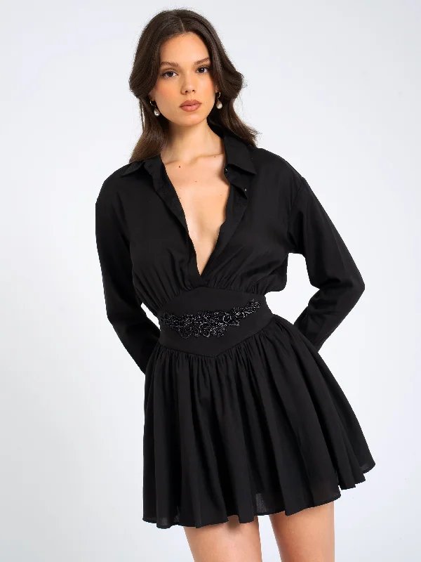 Extra Savings Jamila Black Shirt Mini Dress with Embroidered Waist Detail