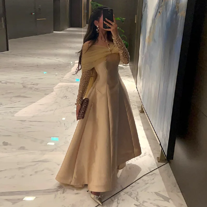 The Best Prices Serene Hill Arabic Gold Satin A-Line Beaded Crystal Luxury Dubai Evening Dresses Gowns 2024 For Women Wedding Party LA71954