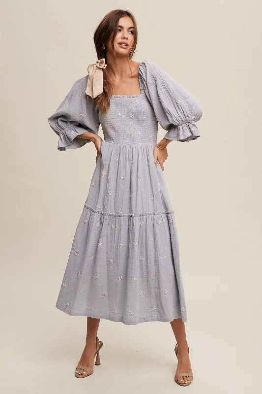 Reduced Prices Embroidered Floral Smocked Midi Dress in Steel Blue
