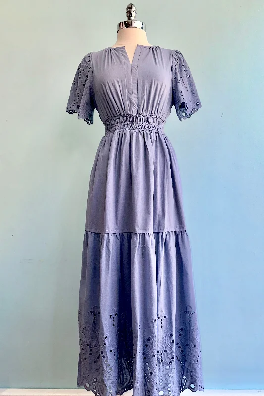 Unbeatable Prices Short Sleeve Eyelet Midi Dress in Blue