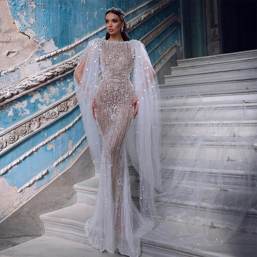 Exclusive Access Serene Hill Dubai White Nude Mermaid Evening Dress with Cape Sleeves for Women Wedding Arabic Bridal Party Gowns 2024 LA72444