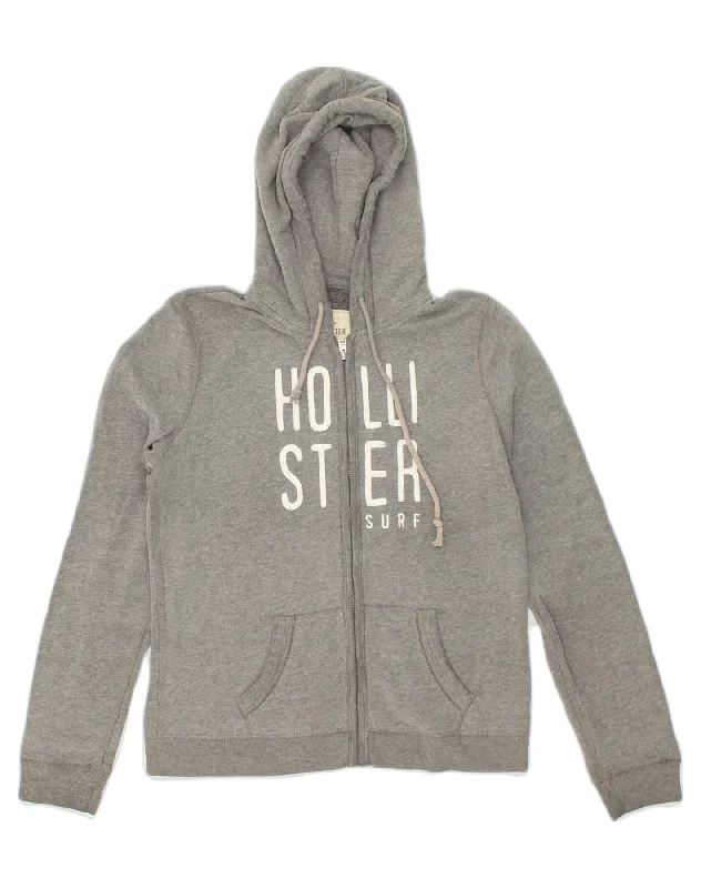 Lowest Prices HOLLISTER Womens Graphic Zip Hoodie Sweater UK 16 Large Grey Cotton