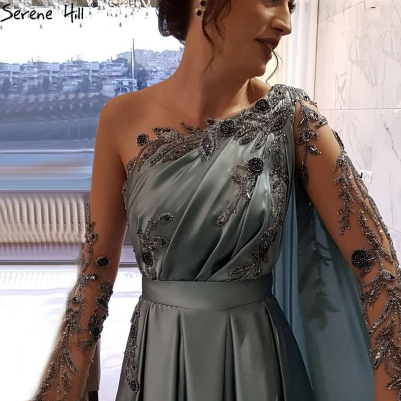 One-DAY Sale Dubai Blue O-Neck Beading Sexy Evening Dresses Design 2024 A-Line Satin Long Sleeves Formal Dress Serene Hill LA70505