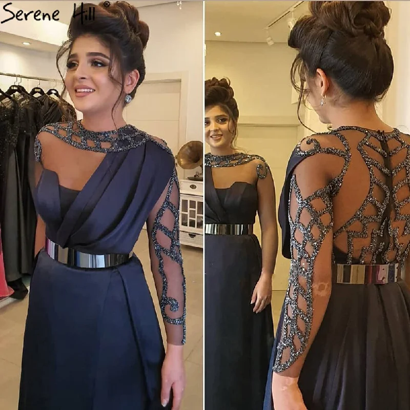 Steals and Deals Serene Hill Muslim Navy Blue Satin A-Line Evening Dresses 2024 Beaded Sashes Party Gowns For Woman LA71138