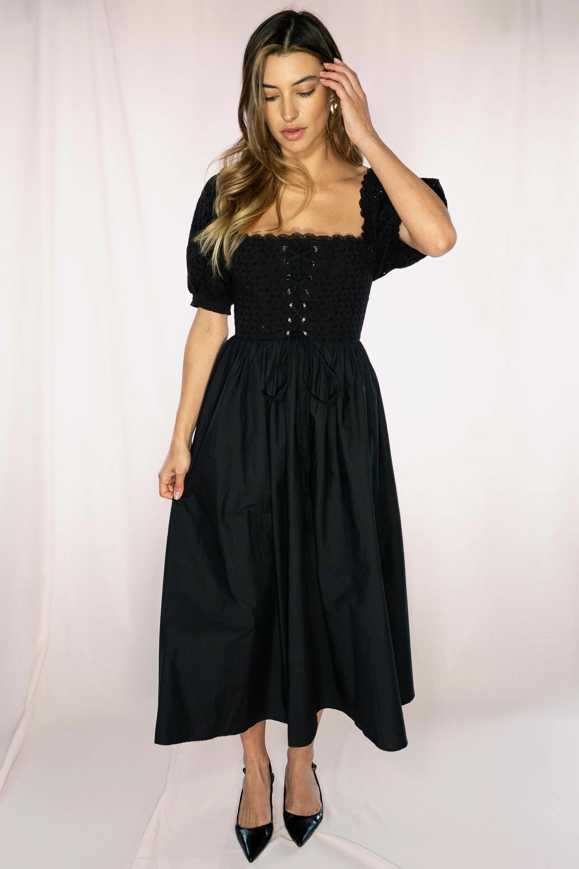 Savings Event Black Eyelet River Midi Dress in Black by Timeless London