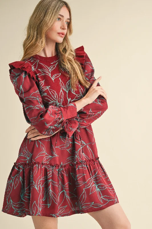 Factory Direct Sale Plum Leaf Print Mixed Media Mini Dress