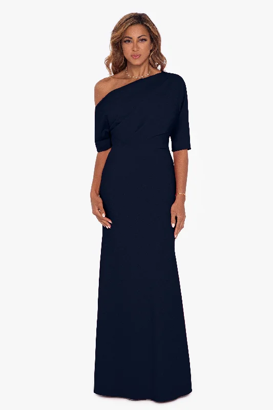 Factory Direct Sale "Madeline" Long Scuba Crepe Off the Shoulder Drop Dress