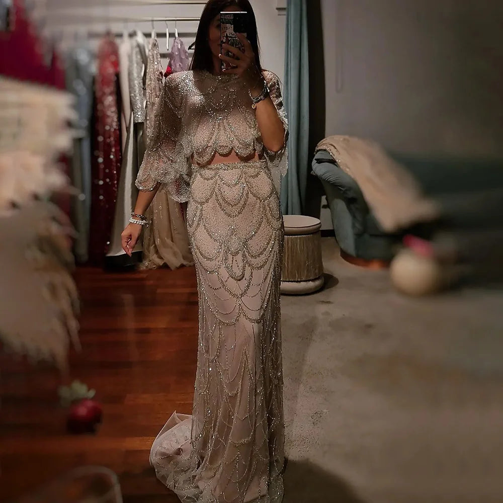 Discount Days Serene Hill 2024 White Nude Mermaid Beaded Luxury Evening Dress with Shawl for Formal Occasion Saudi LA72462