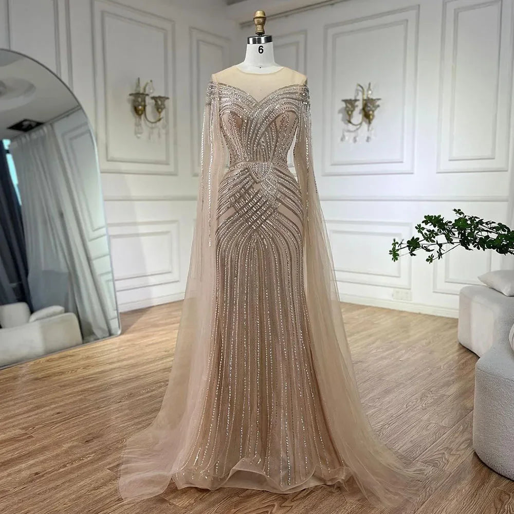 Early Access Serene Hill Nude Arabic Mermaid Cape Sleeves O-neck Beaded Evening Dresses Luxury Gowns 2024 For Women Wedding Party LA72012
