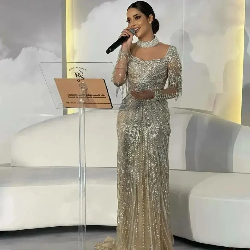Don’t Miss Out Serene Hill Nude Muslim Beaded Tassel  Mermaid Dubai Arabic Evening Dresses Gowns Luxury 2024 For Women Wedding Party LA71533