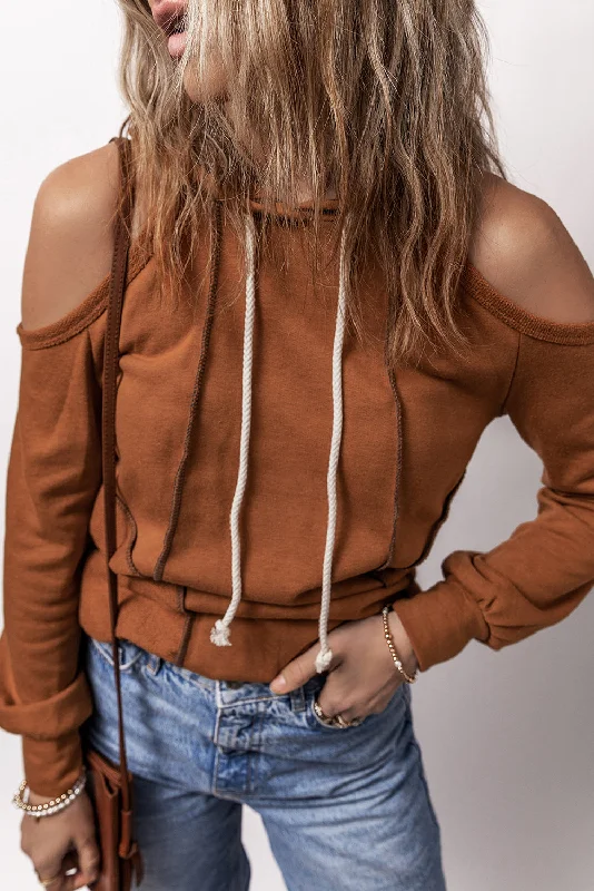 Overstock Cinnamon Exposed Seam Cold Shoulder Drawstring Hoodie