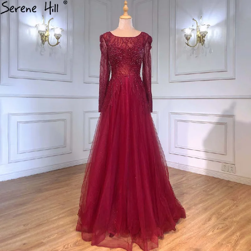 Online Only Serene Hill Muslim Wine Red A-Line Evening Dresses Gowns 2024 Luxury Beaded For Women Wedding Party LA71375