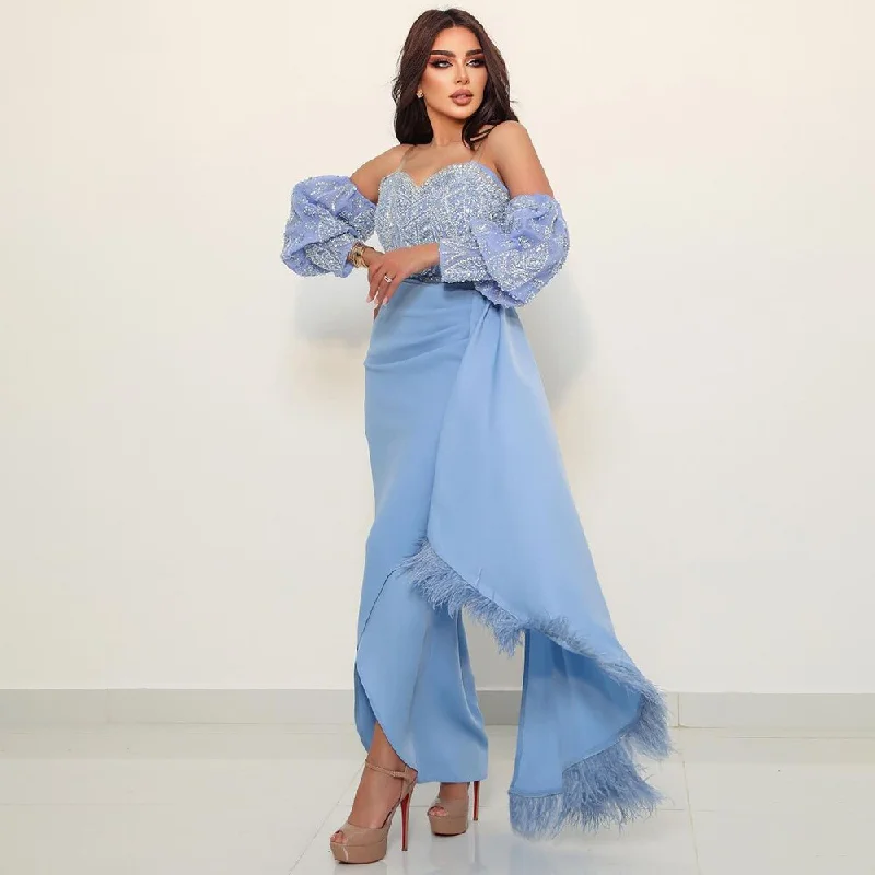 Final Clearance Serene Hill Arabic Blue Sexy Mermaid Puff Sleeves Beaded Feathers Luxury Dubai Evening Dresses Gowns For Women Party LA72080 Final Clearance Serene Hill Arabic Blue Sexy Mermaid Puff Sleeves Beaded Feathers Luxury Dubai Evening Dresses Gowns For Women Party LA72080