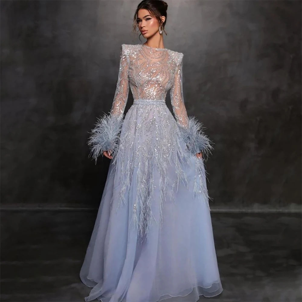 Steals and Deals Serene Hill Arabic Blue A Line Beaded Feathers Luxury Dubai Long Evening Dresses Gowns For Women Wedding Party 2024 LA71993 Steals and Deals Serene Hill Arabic Blue A Line Beaded Feathers Luxury Dubai Long Evening Dresses Gowns For Women Wedding Party 2024 LA71993