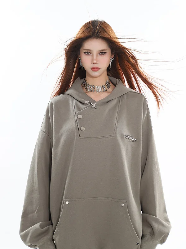 Super Deal Xia Solid Color Button Up Multi-Pocket Long Sleeve Baggy Hoodie for the Fall