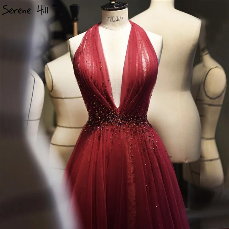 Online Only On Sale no return no refundSale Red Halter Sexy Sleeveless Evening Dresses 2024 Crystal A-Line Tulle Formal Dress Design Serene Hill LA70348