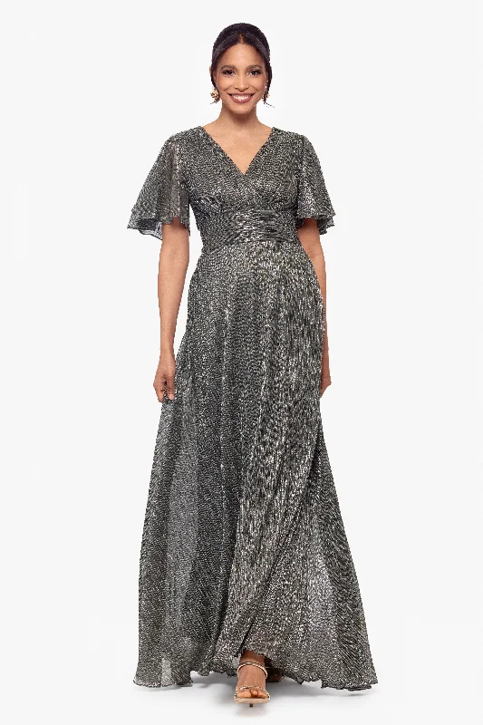 Season Finale Sale "Isabella" Long V Neck Flutter Sleeve Metallic Dress