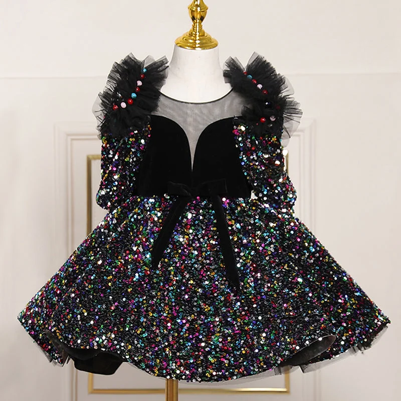 Year-End Sale Toddler Ball Gowns Girl Party Summer Black Cute Sequins Princess Dress