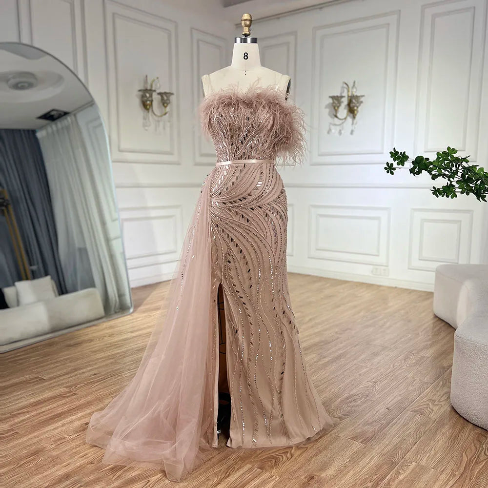 Markdowns Serene Hill 2024 Nude Mermaid Gown Strapless Overskirt Feather Beading High Split Evening Dress for Women Parties LA72311