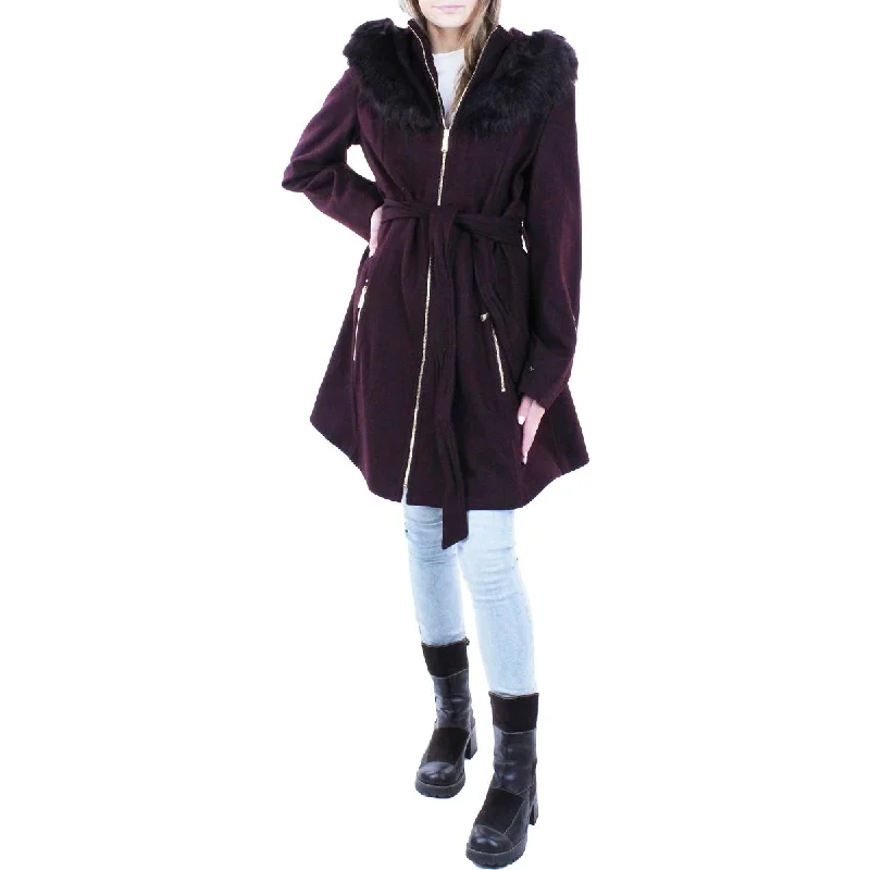 New Arrival Laundry by Shelli Segal Women's Belted Mid-Length Faux Fur Trim Wool Blend Coat