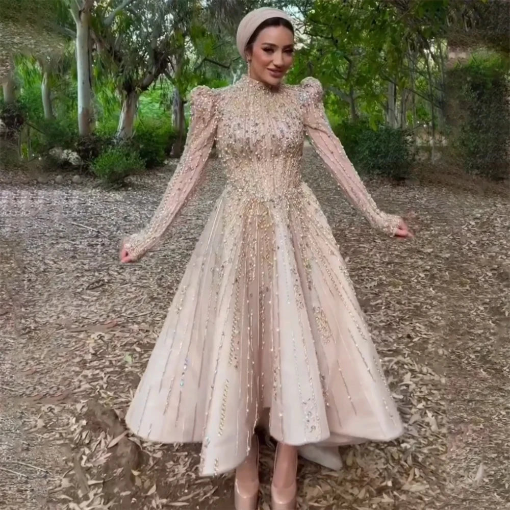 Final Clearance Serene Hill Muslim A-Line Luxury Pearls Beaded Nude  Midi  Ankle Length Evening Dresses Gowns Formal Woman Wedding Party LA72176