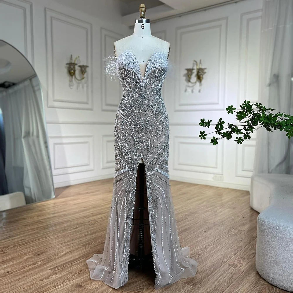 Value Deals Serene Hill Luxury Dubai White Nude Strapless Split Mermaid Pearls Beaded Evening Dresses Gowns for Women Wedding Party LA72522