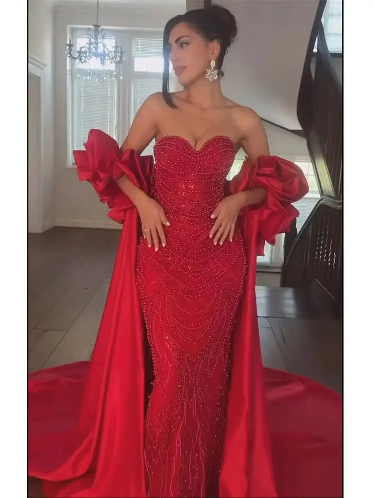 Deal Mania Serene Hill Customized Red Long Cape Pearls Beaded Mermaid Evening Dresses Gowns For Formal Occasion 2025 LA72585A