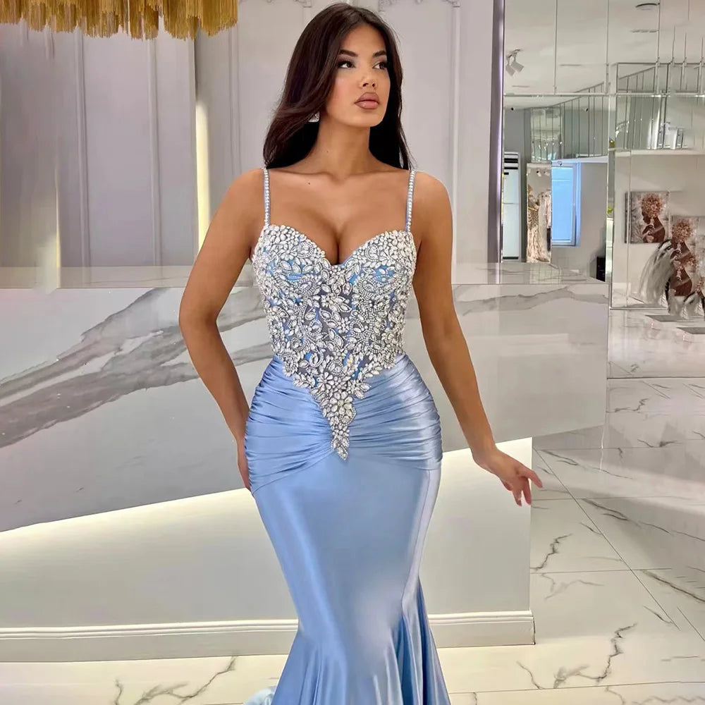 Lowest Prices Serene Hill 2024 Arabic Blue Spaghetti Strap Satin Mermaid Gown Luxury Beaded Saudi Evening Dress for Formal Occasion LA72729 Lowest Prices Serene Hill 2024 Arabic Blue Spaghetti Strap Satin Mermaid Gown Luxury Beaded Saudi Evening Dress for Formal Occasion LA72729
