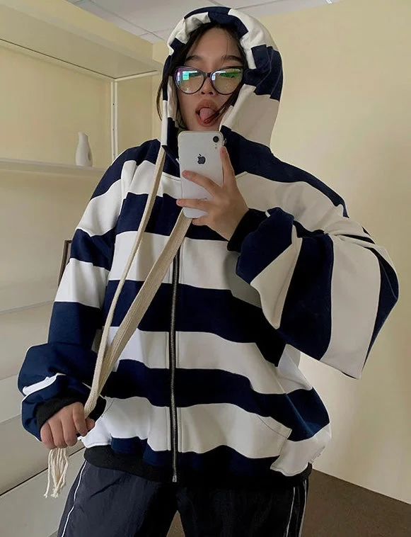 Savings Bonanza Joanna Striped Black & White Long Sleeve Baggy Hoodie Sweatshirt