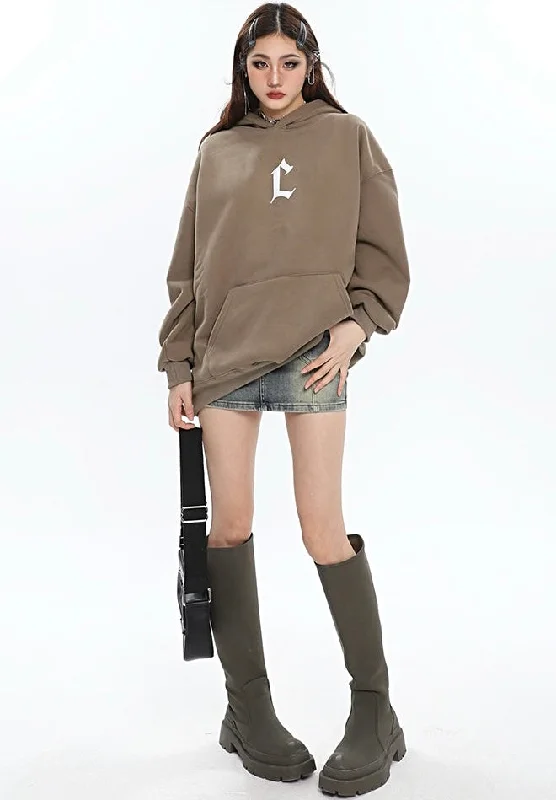 Big Discounts L Letter Print Solid Color Long Sleeve Hoodie