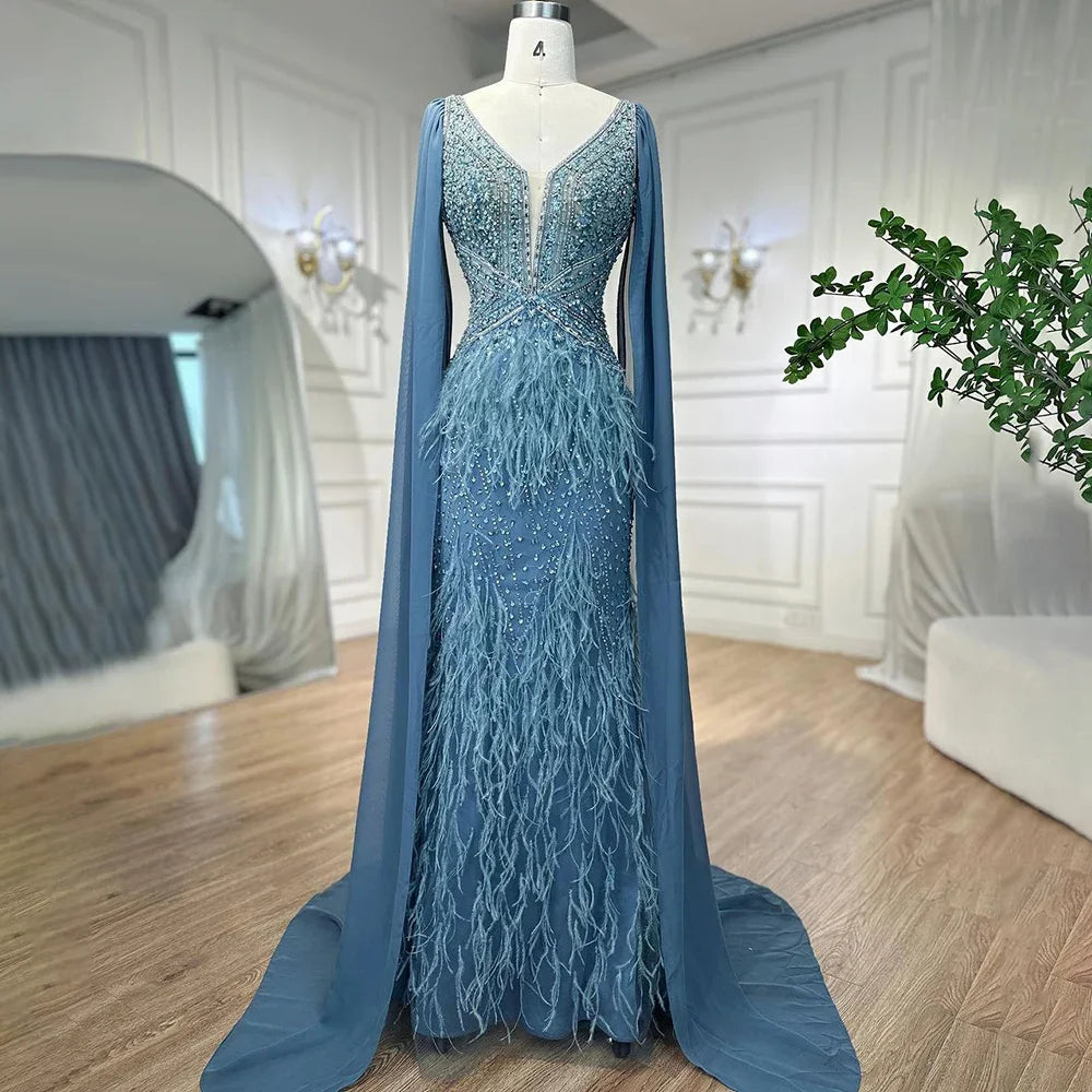 Epic Deals Serene Hill Arabic Blue Mermaid Elegant With Cape Luxury Beaded Feather Dubai Evening Dresses Gowns for Women Party LA71583B Epic Deals Serene Hill Arabic Blue Mermaid Elegant With Cape Luxury Beaded Feather Dubai Evening Dresses Gowns for Women Party LA71583B