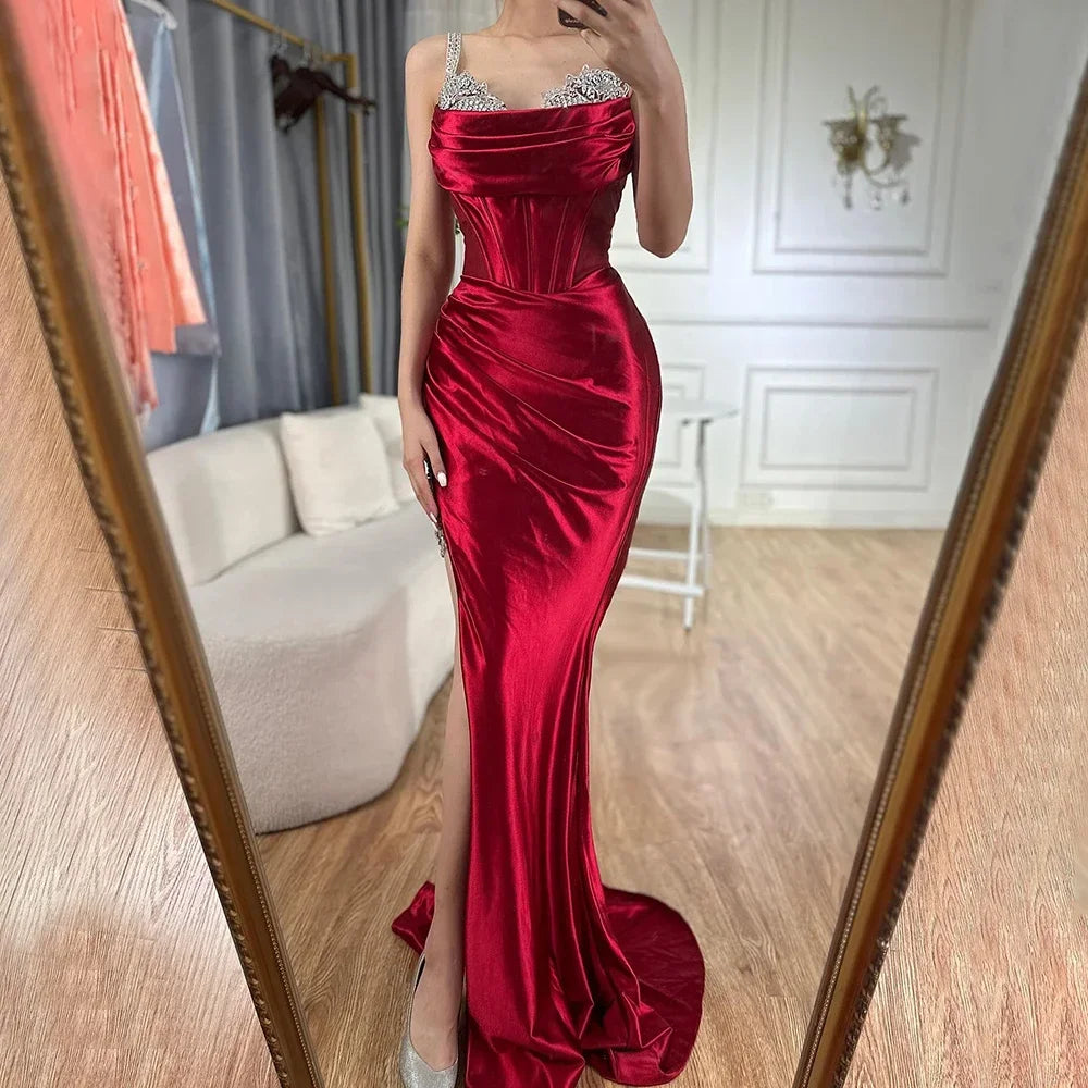 Buy Now Serene Hill 2024 Saudi Arabic Spaghetti Strap Wine Red Satin Evening Dress with High Slit for Formal Occasion LA72776