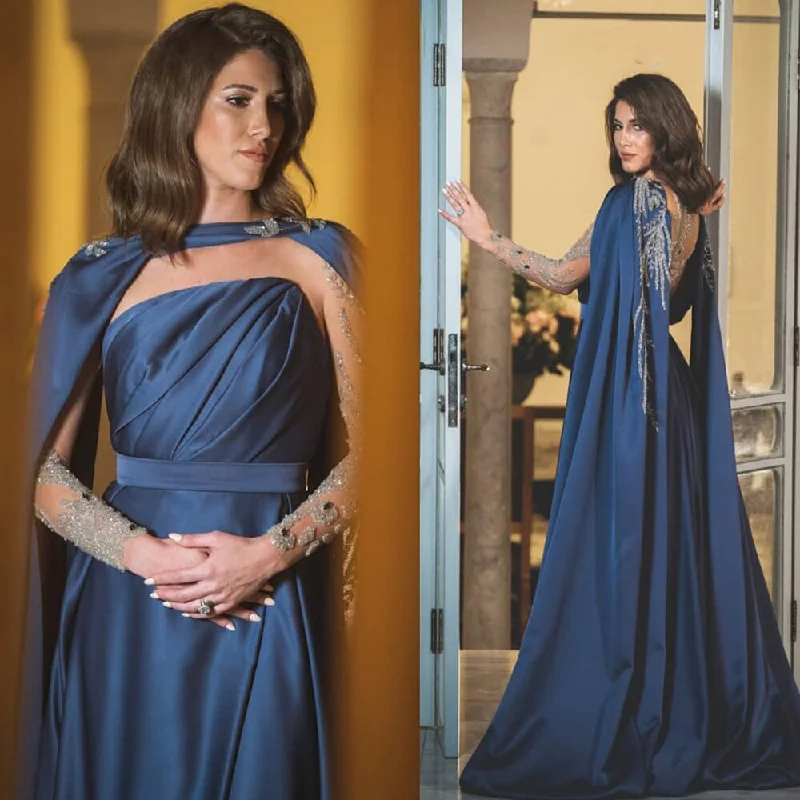 Sale Event Serene Hill Blue Cape Sleeves Evening Dresses Gowns 2024 Beaded Satin Sexy A-Line For Woman Party  LA71215