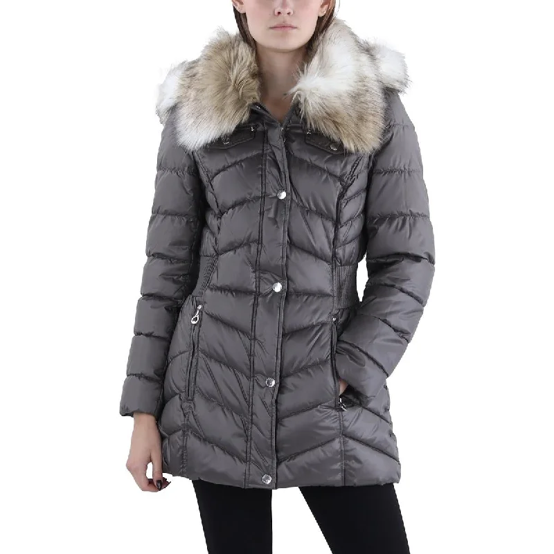Discount Mania Laundry by Design Womens Petites Faux Fur Trim Hooded Puffer Jacket